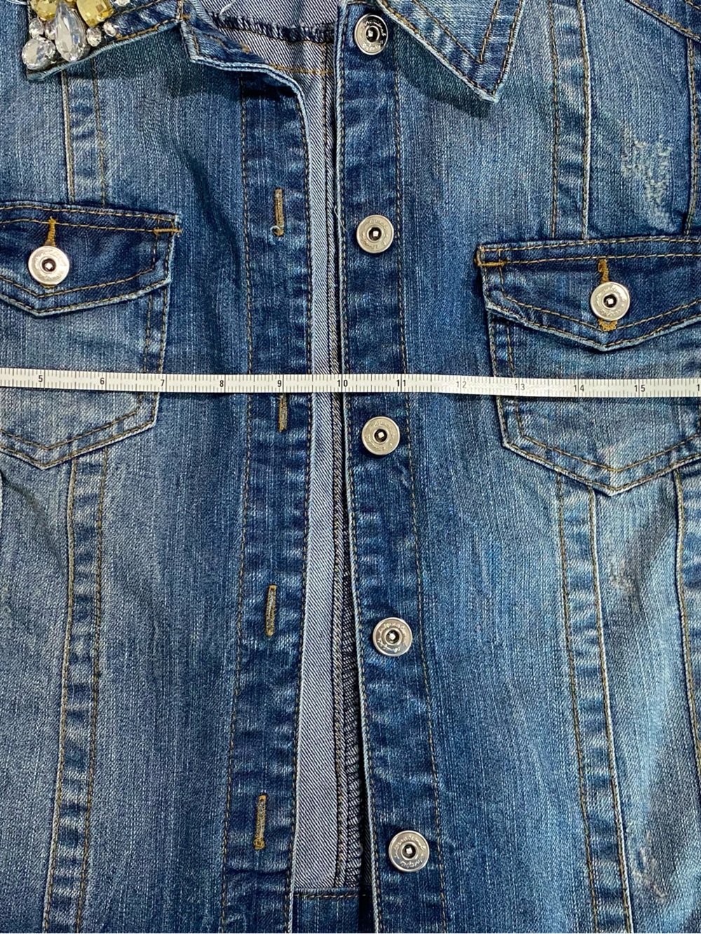 INC International Concepts Distressed Blue Denim Vest with Jeweled Collar - Picture 6 of 9